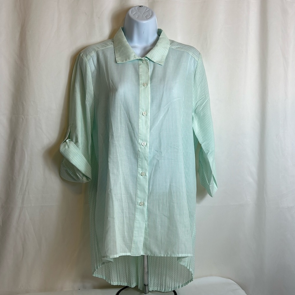 Chico’s Women’s Medium Sheer Light Green White Vertical Stripes Button Blouse